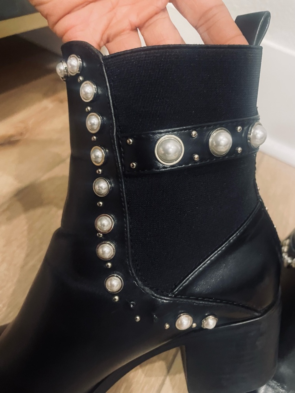 Zara Black Ankle Boots with Pearl Studs